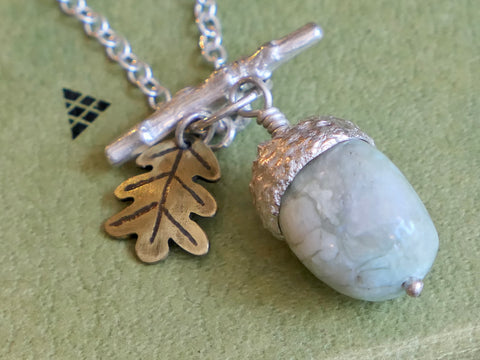Medium Acorn Pendant with Agate and Brass Oak Leaf