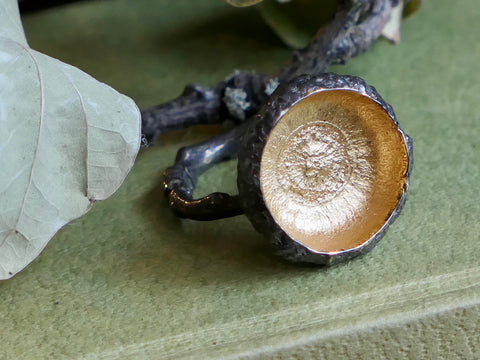 Large Acorn Cup Ring, Rhodium Plated and Gold Plated Sterling Silver