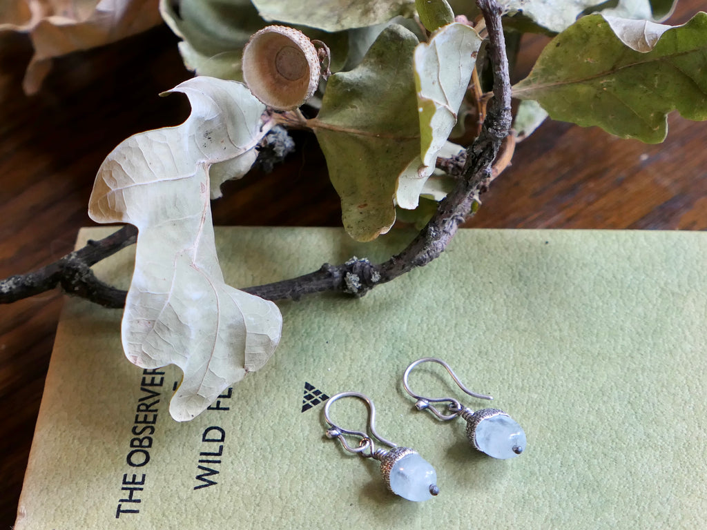 Tiny Acorn Earrings with Aquamarine