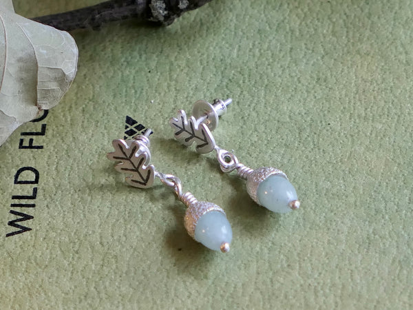 Tiny Acorn and Oak Leaf Earrings with Serpentine