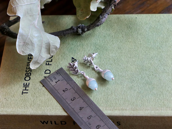 Tiny Acorn and Oak Leaf Earrings with Serpentine
