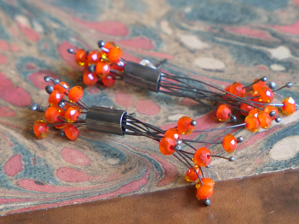 Firework Earrings with Fluorescent Orange Crystal Beads