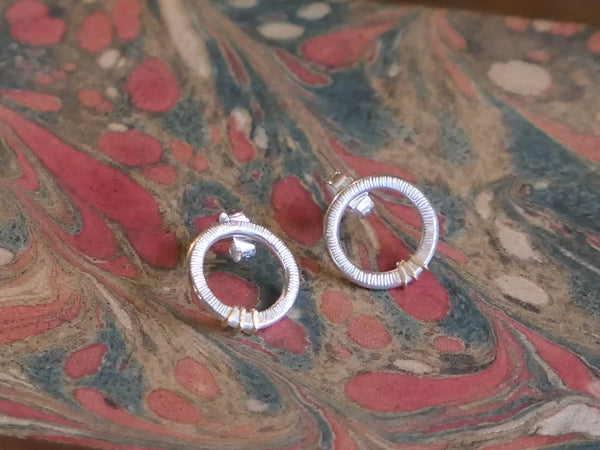 Medium, Textured Silver Circle Studs with Gold Lines