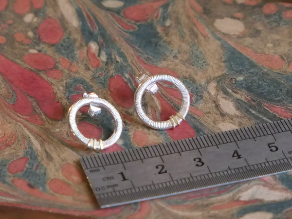 Medium, Textured Silver Circle Studs with Gold Lines