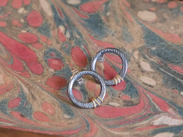 Medium, Textured Silver Circle Studs with Gold Lines