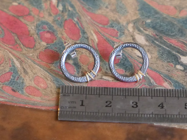 Medium, Textured Silver Circle Studs with Gold Lines