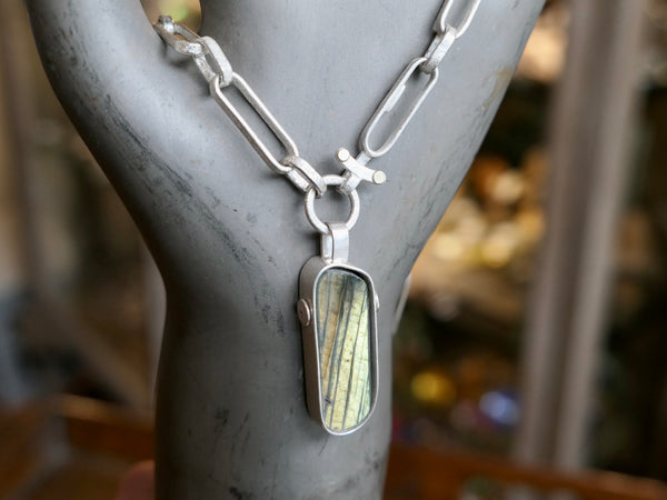 Rox Pendant with Labradorite and Handmade Silver Chain with Gold Spots