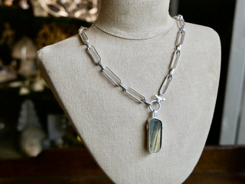 Rox Pendant with Labradorite and Handmade Silver Chain with Gold Spots
