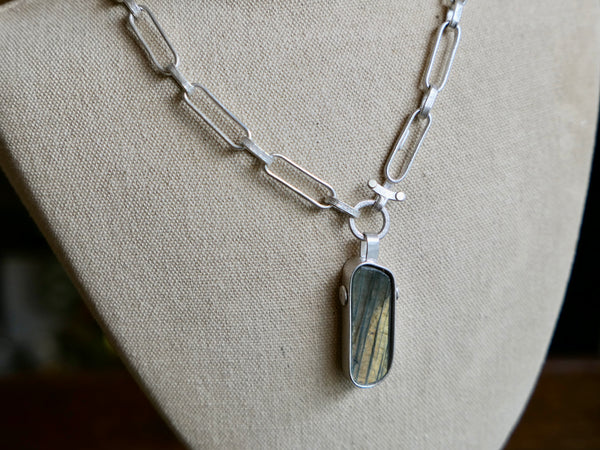 Rox Pendant with Labradorite and Handmade Silver Chain with Gold Spots