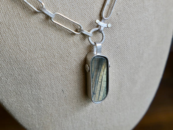 Rox Pendant with Labradorite and Handmade Silver Chain with Gold Spots