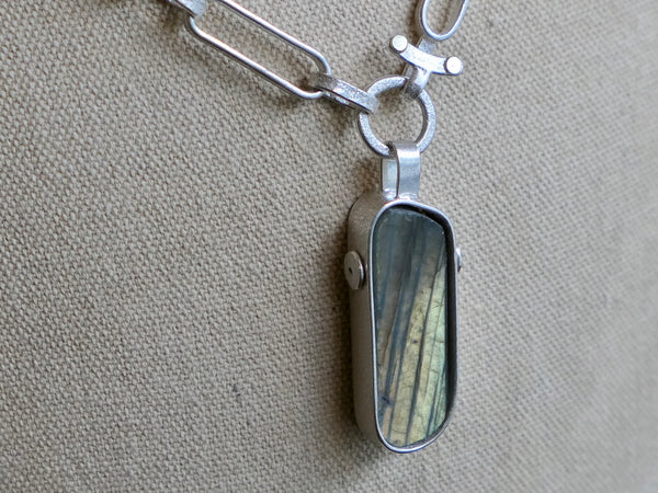 Rox Pendant with Labradorite and Handmade Silver Chain with Gold Spots