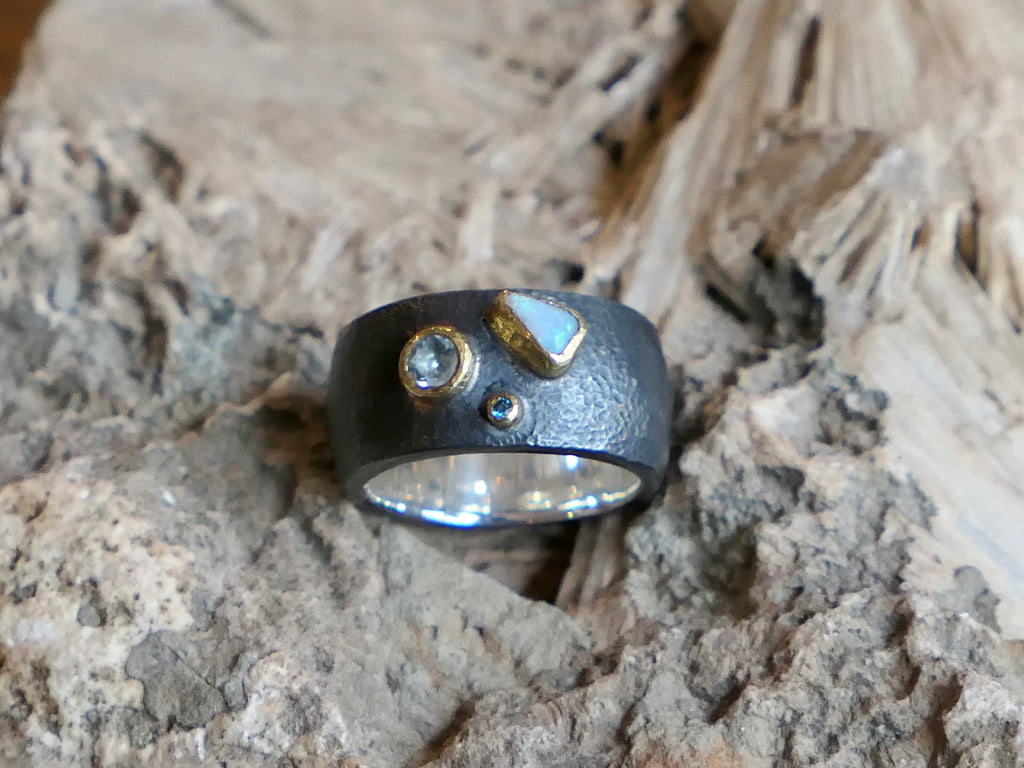 Chunky Oxidised Silver Ring with Opal, Blue Topaz and Blue Diamond set in 18ct Gold