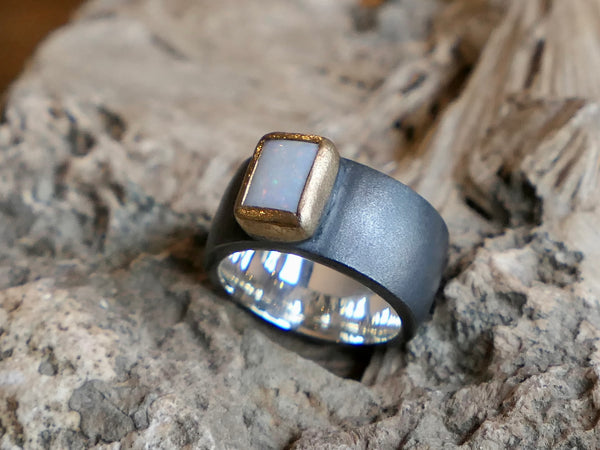 Chunky Oxidised Silver Ring with Opal set in 18ct Gold