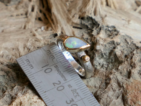 Textured Silver Ring with Opal and Diamond