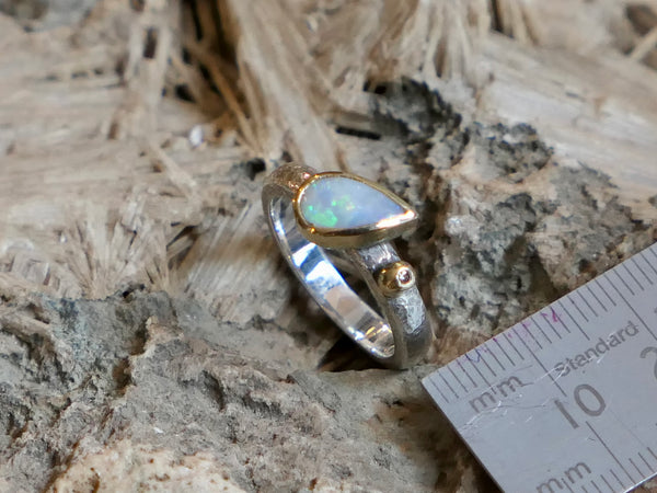 Textured Silver Ring with Opal and Diamond