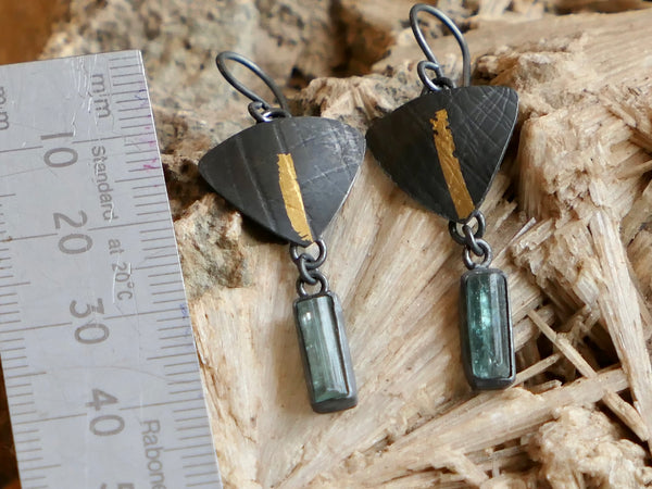 Oxidised Sterling Silver Earrings with Raw Tourmaline and 22ct Keum-Boo