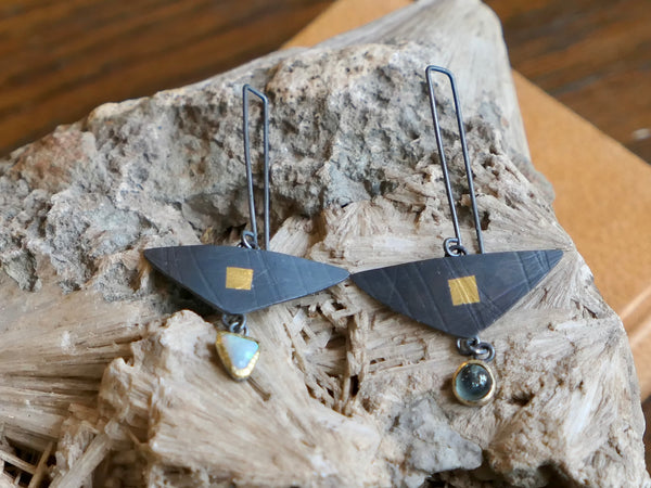 Oxidised Sterling Silver Earrings with Keum-Boo, Opal and Montana Sapphire Set in 18ct Gold