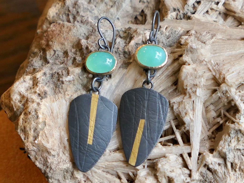 Oxidised Sterling Silver Earrings with Chrysoprase Set in 18ct Gold