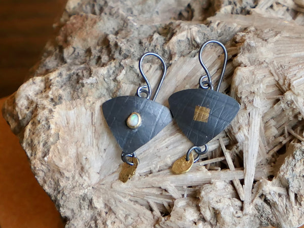 Oxidised Sterling Silver Earrings with Opal set in 18ct Gold and Scottish Panned Nuggets