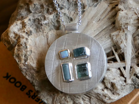 Sterling Silver Pendant with Raw Tourmalines and Opal.