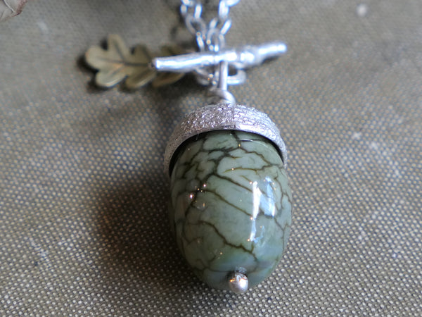 Large Acorn Pendant with Spider Vein Agate  Acorn and Etched Brass Oak Leaf
