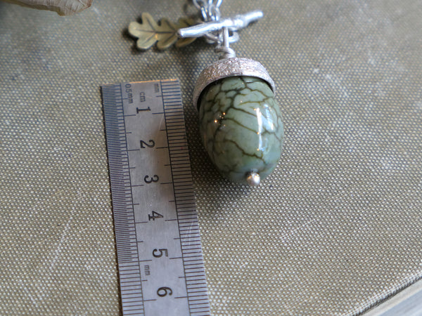 Large Acorn Pendant with Spider Vein Agate  Acorn and Etched Brass Oak Leaf