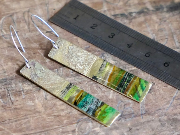 Long Brass, Collage and Resin Abstract Landscape Earrings