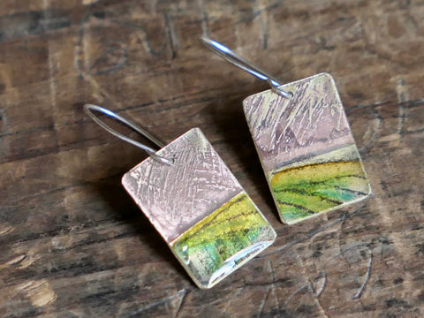 Medium Brass, Collage and Resin Abstract Landscape Earrings