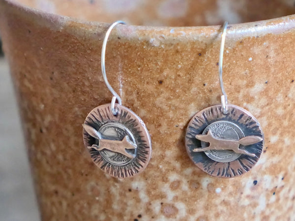 Round, Brass, Sterling Silver,  and Red Bronze Fox Earrings