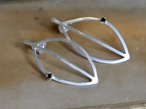 Silver Leaf Earrings with Black Spinel