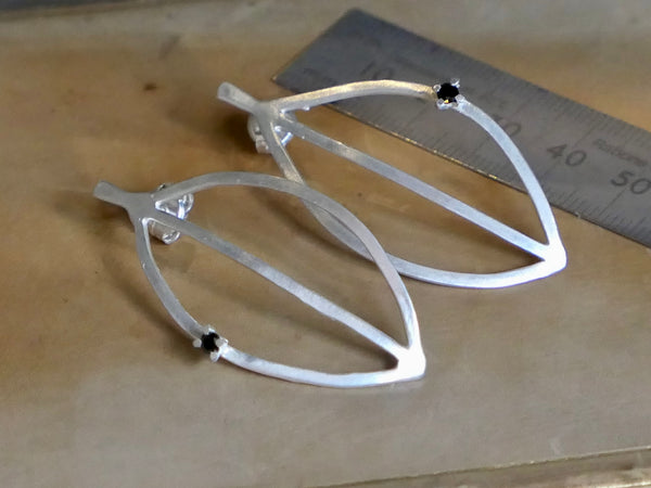 Silver Leaf Earrings with Black Spinel