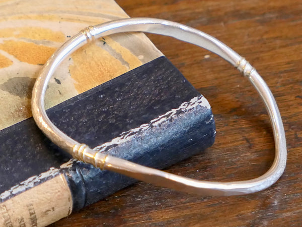 Chunky Hand Forged Silver Bangle with 18ct Gold Wrapped Wire Detail