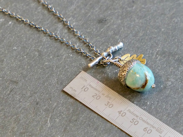 Medium Acorn Necklace with Peruvian Blue Opal and Brass Oak Leaf