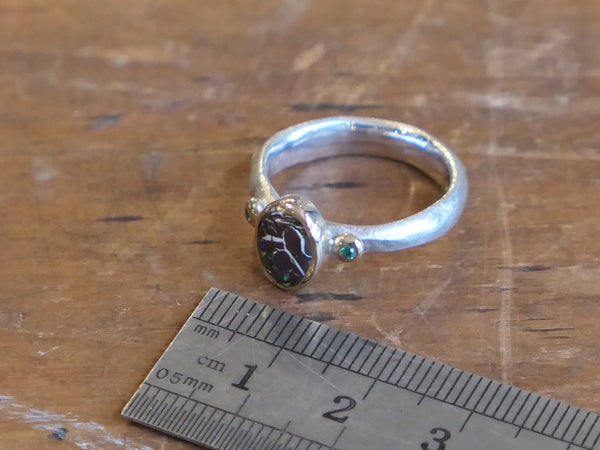 Boulder Opal and Emerald Ring