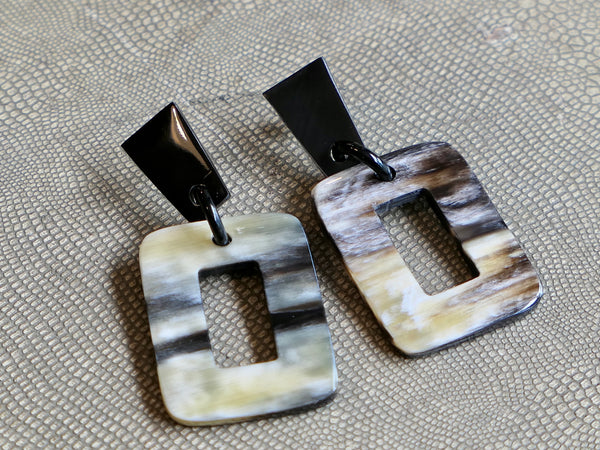 Black Horn Rectangular Shaped Drop Earrings