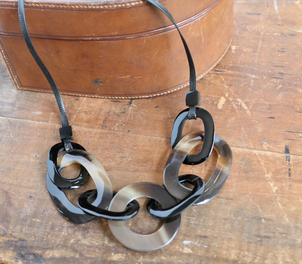 Black Natural Horn Link and Cord Necklace