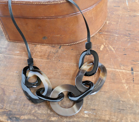 Black Natural Horn Link and Cord Necklace