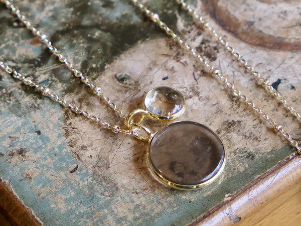 Smokey Quartz and Citrine Duo on Long Satellite Chain