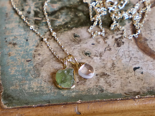 Freeform Raw Peridot Slice with Smooth Rock Crystal Drop on Satellite Chain