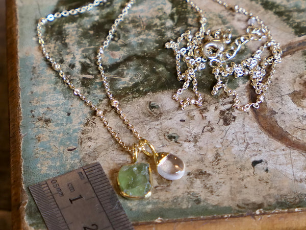 Freeform Raw Peridot Slice with Smooth Rock Crystal Drop on Satellite Chain