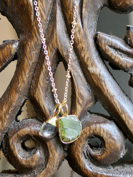 Freeform Raw Peridot Slice with Smooth Rock Crystal Drop on Satellite Chain