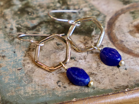 Hexagon Earrings with Blue Recycled Glass
