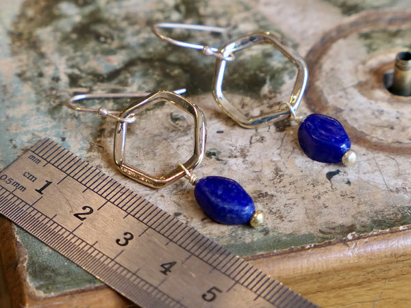 Hexagon Earrings with Blue Recycled Glass