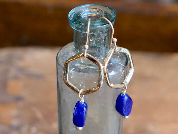 Hexagon Earrings with Blue Recycled Glass