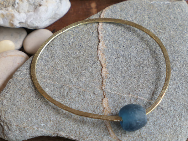 Brass Bangle with Teal Recycled Bottle Bead