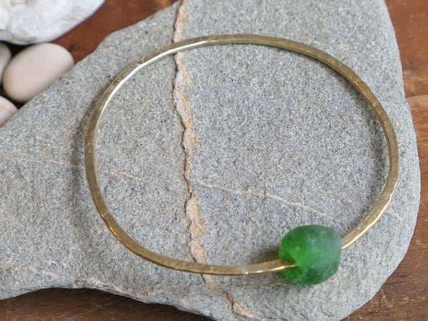 Brass Bangle with Moss Green Recycled Bottle Bead