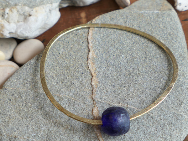 Brass Bangle with Deep Blue Recycled Bottle Bead