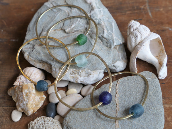 Brass Bangle with Aqua Recycled Bottle Bead