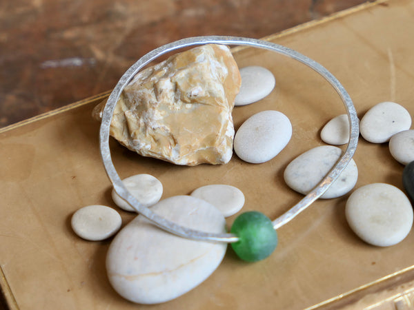 Silver Bangle with Moss Green Recycled Bottle Bead