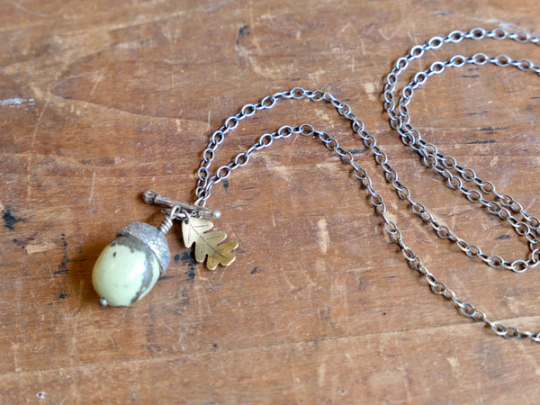 Large Acorn Pendant with Serpentine Acorn and Brass Oak Leaf
